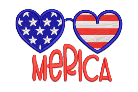 Love America embroidery with bold block letters filled with red and white flag stripes, navy blue heart replacing letter O.