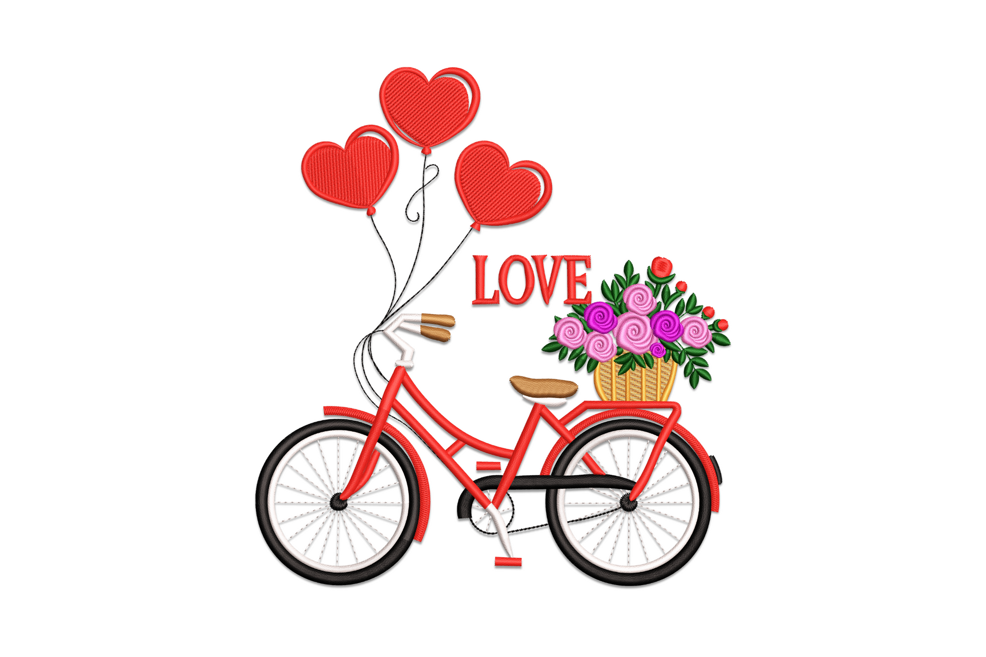 Machine embroidery design of a vintage-style bicycle with colourful heart-shaped balloons tied to the handlebars in pink magenta and lilac, Valentine romantic style