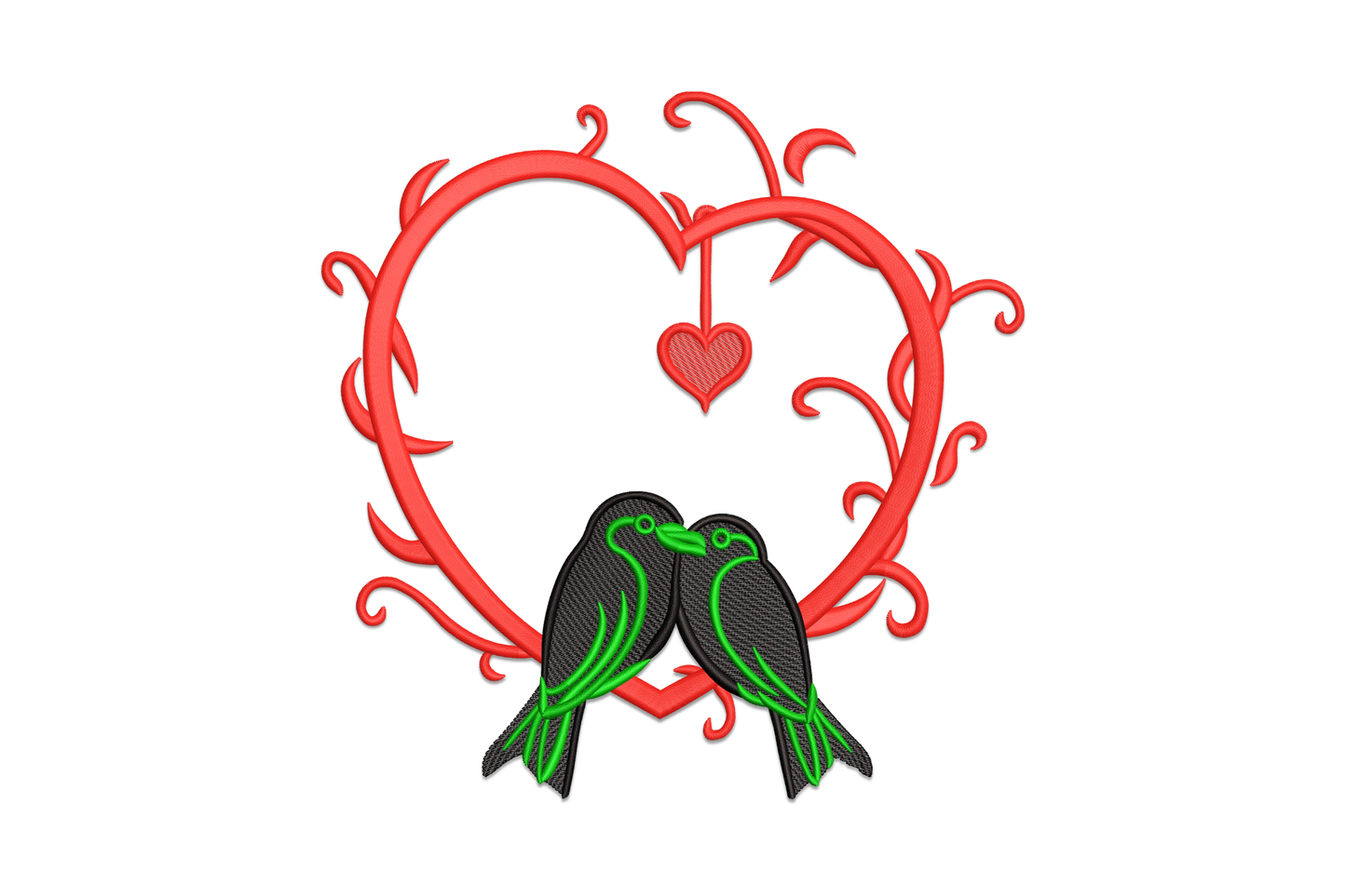 Love birds heart frame embroidery design, two birds facing each other inside a heart outline, 3 colour satin fill