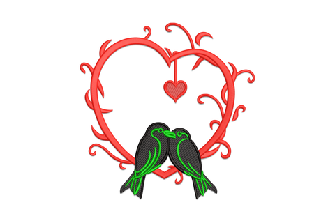 Love birds heart frame embroidery design, two birds facing each other inside a heart outline, 3 colour satin fill