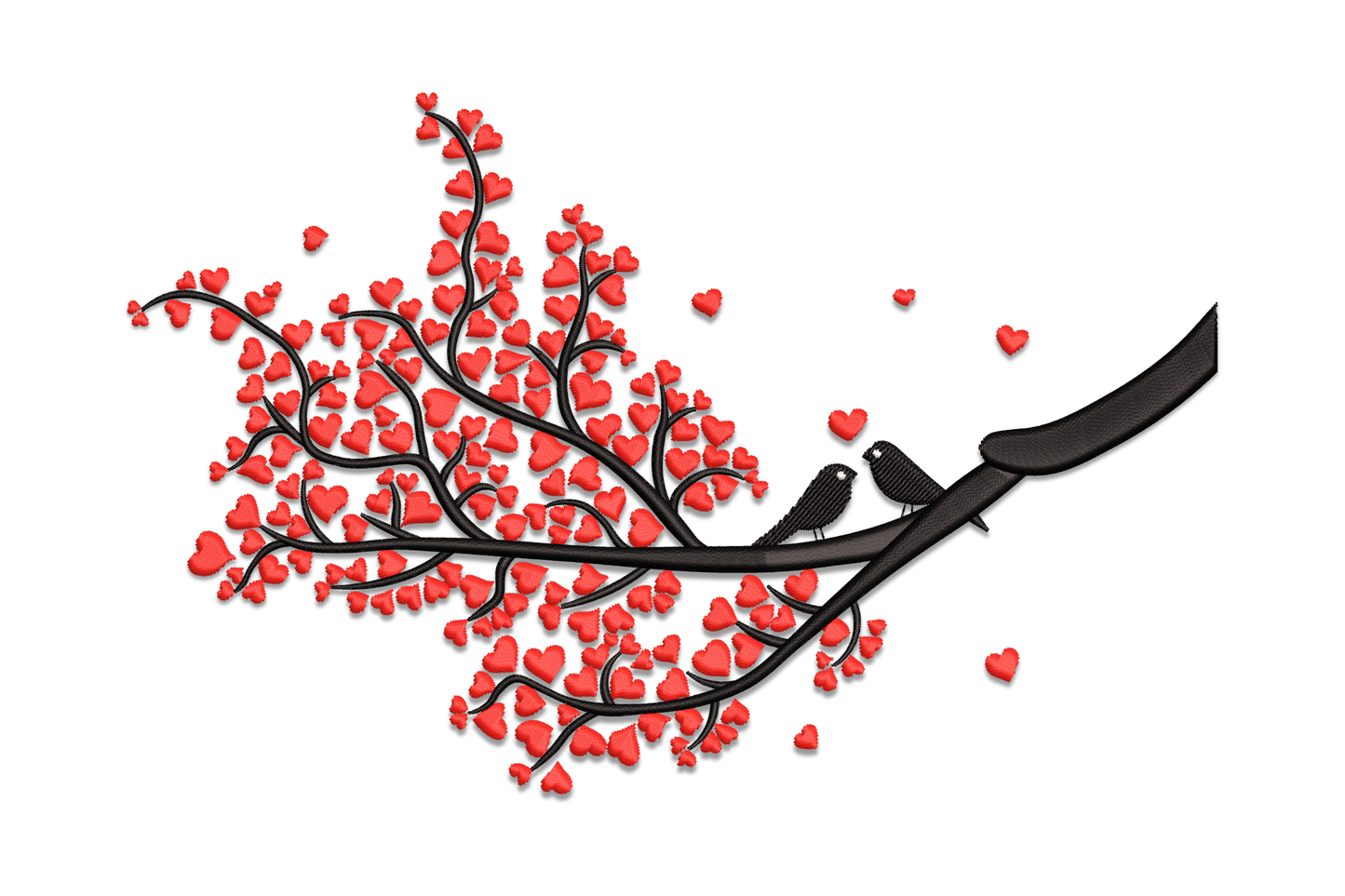 Love birds heart tree embroidery design with red heart blossoms and two black birds on a satin-stitch branch