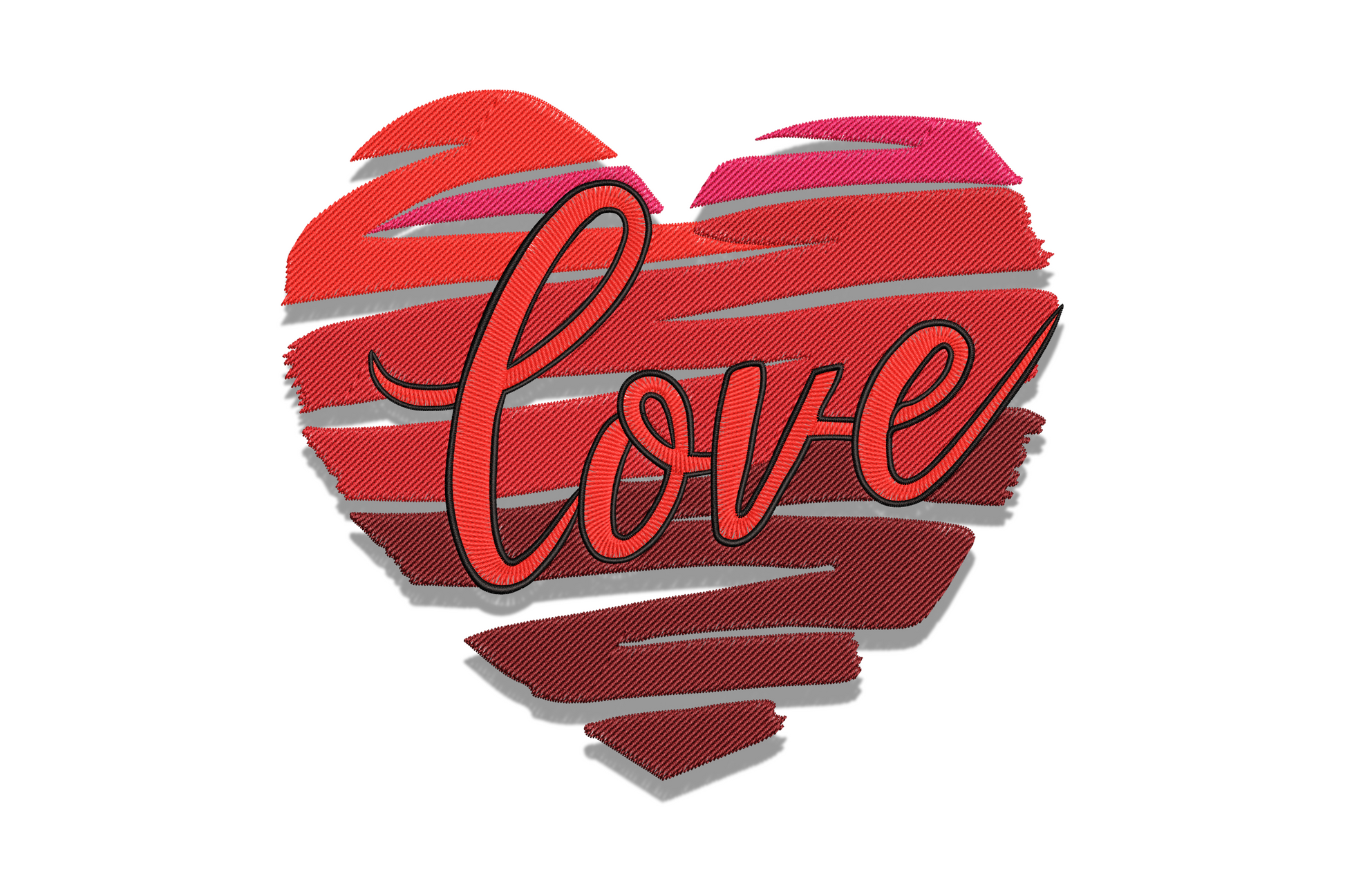 Brush-stroke style heart embroidery graduating from bright red to deep maroon with diagonal highlight stripes and 'love' script in black at centre