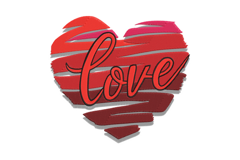 Brush-stroke style heart embroidery graduating from bright red to deep maroon with diagonal highlight stripes and 'love' script in black at centre