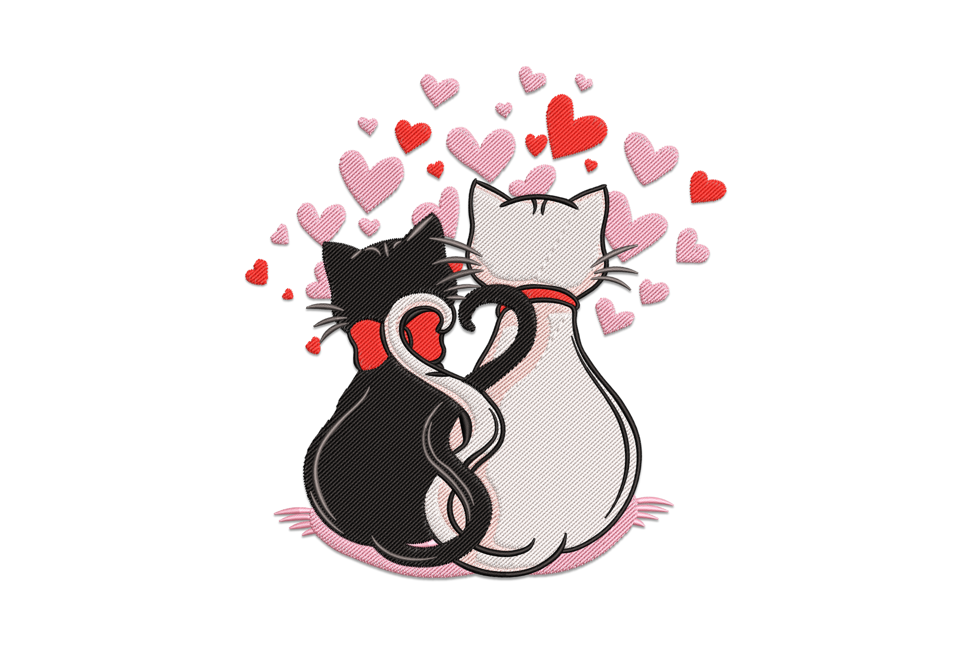 Two cats with tails forming a heart shape, valentine love cats embroidery design in 6 colors with cute cat faces