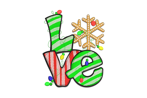 Love Christmas embroidery design with chunky festive lettering, floral and berry fills in 8 colours, holiday word art for blankets and sweatshirts
