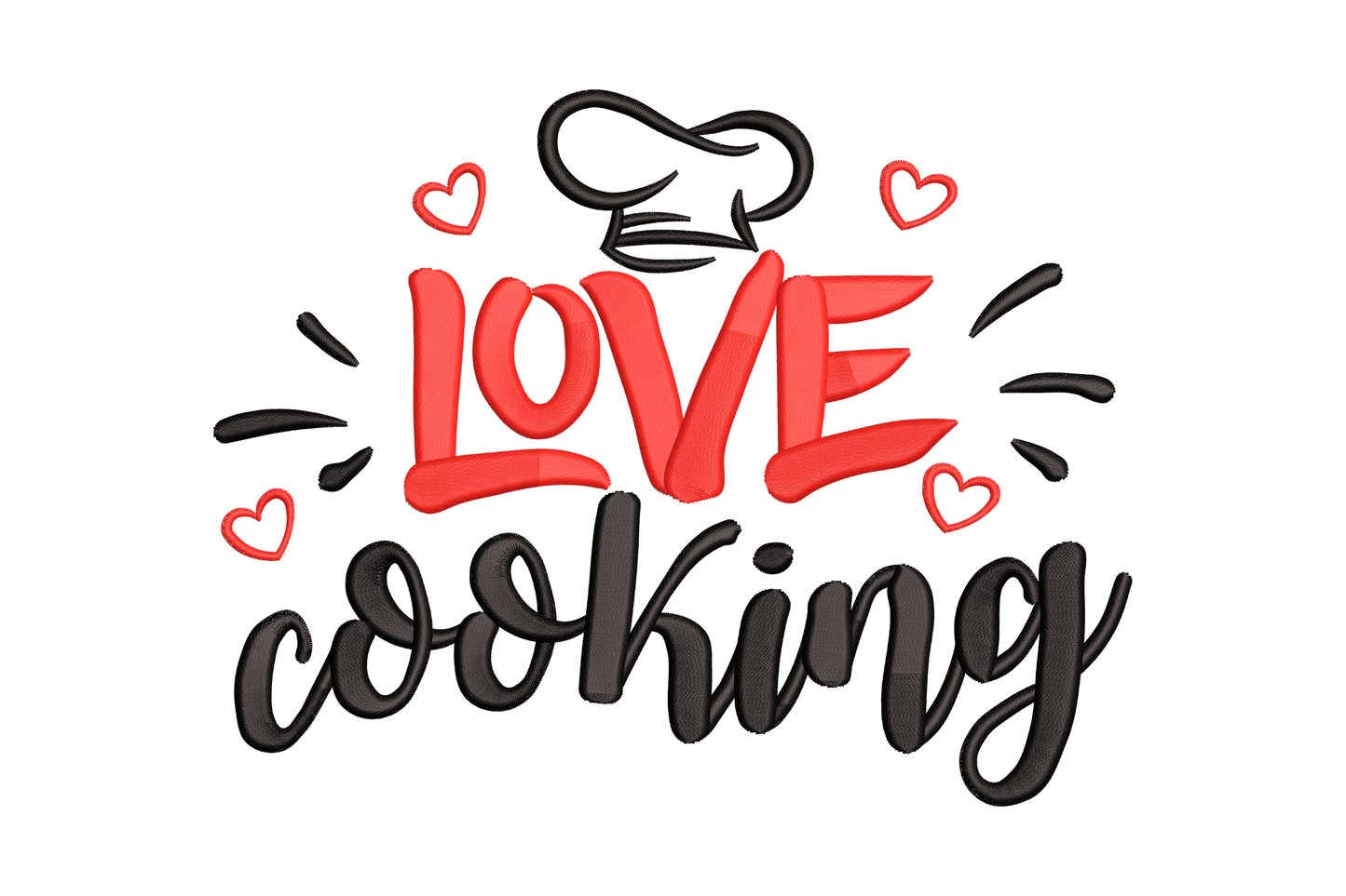 Love Cooking embroidery design with chef toque, red satin LOVE caps, black cursive cooking, four hearts and motion lines, two colours.