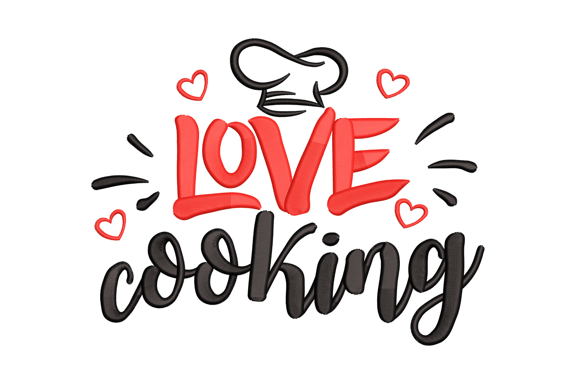 Love Cooking embroidery design with chef toque, red satin LOVE caps, black cursive cooking, four hearts and motion lines, two colours.