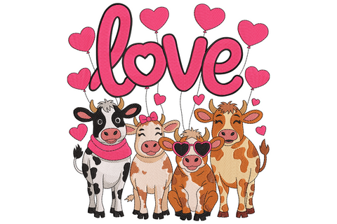 Love cows with hearts embroidery, four cartoon cows holding heart balloons with puffy pink love script above, black-and-white Holstein, tan, brown, and golden cow.