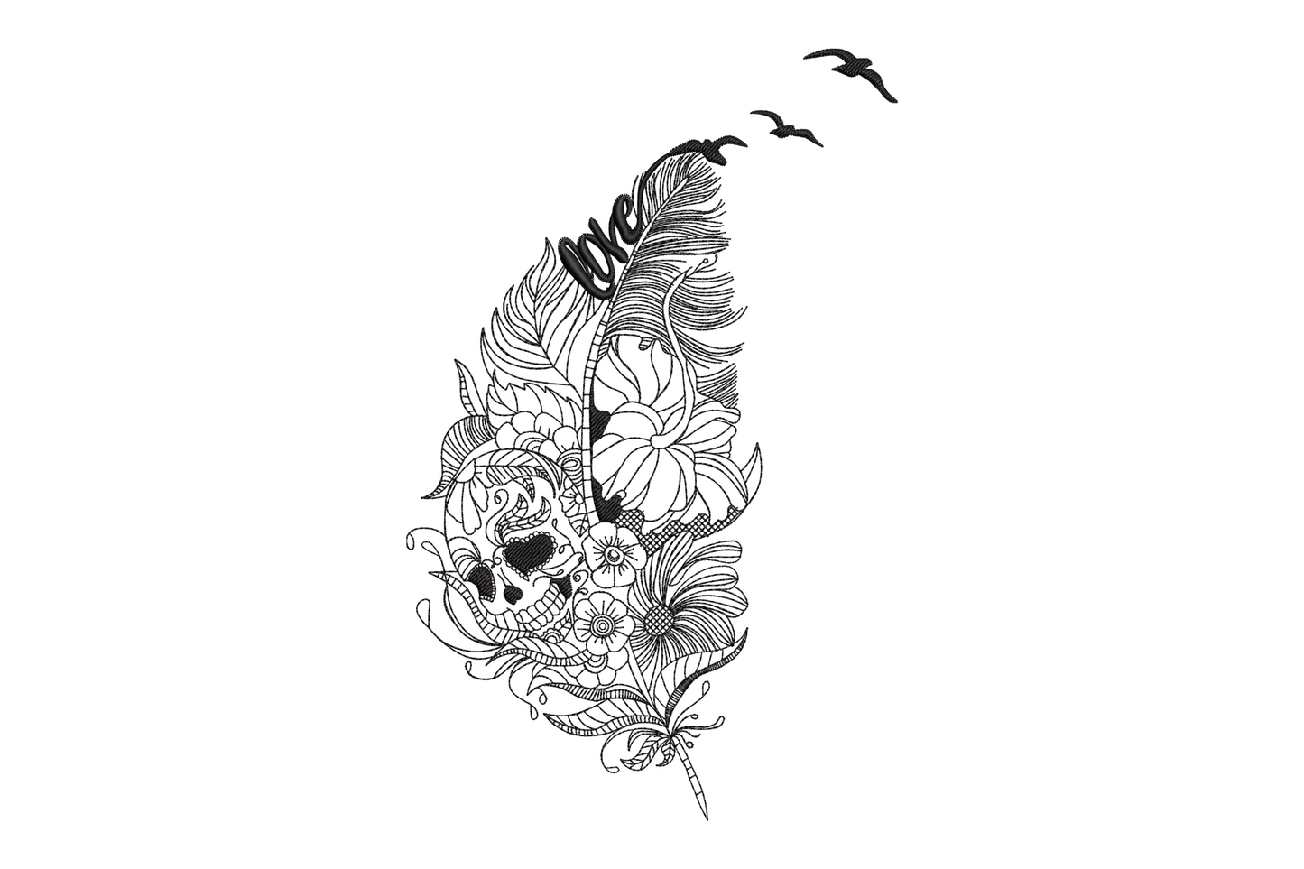 Love feather skull embroidery design with vertical feather, cursive love script in the quill, floral zentangle fills, gothic skull at the base, and three birds at the tip in black