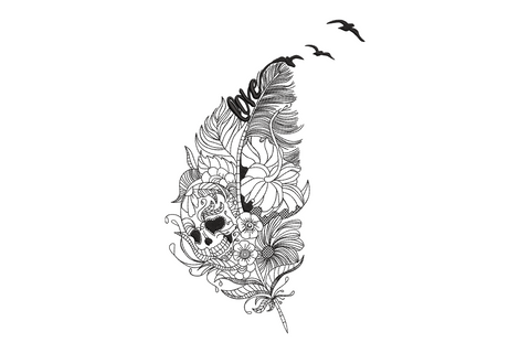 Love feather skull embroidery design with vertical feather, cursive love script in the quill, floral zentangle fills, gothic skull at the base, and three birds at the tip in black