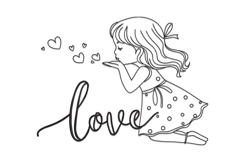 Love girl blowing hearts embroidery, single-colour girl silhouette blowing small heart shapes in a floating trail.