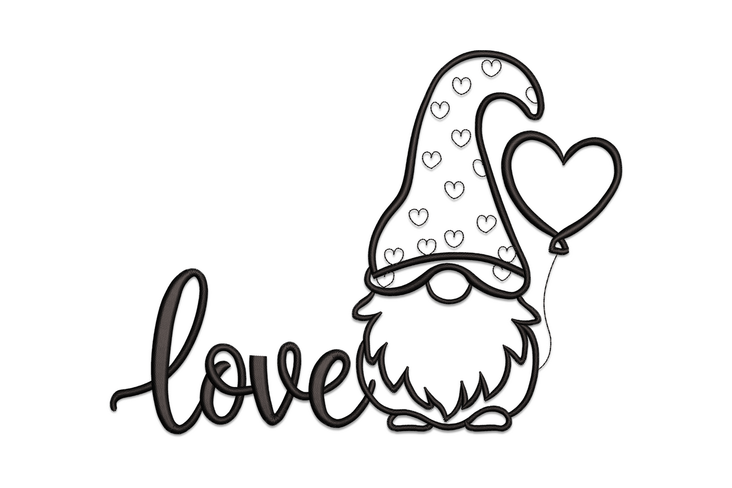 Love gnome holding a heart balloon embroidery design, single-color line art with round hat and boots, valentines day.