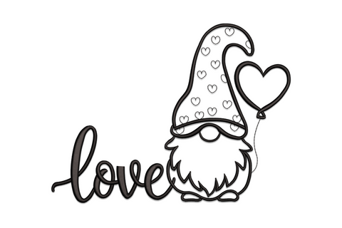 Love gnome holding a heart balloon embroidery design, single-color line art with round hat and boots, valentines day.