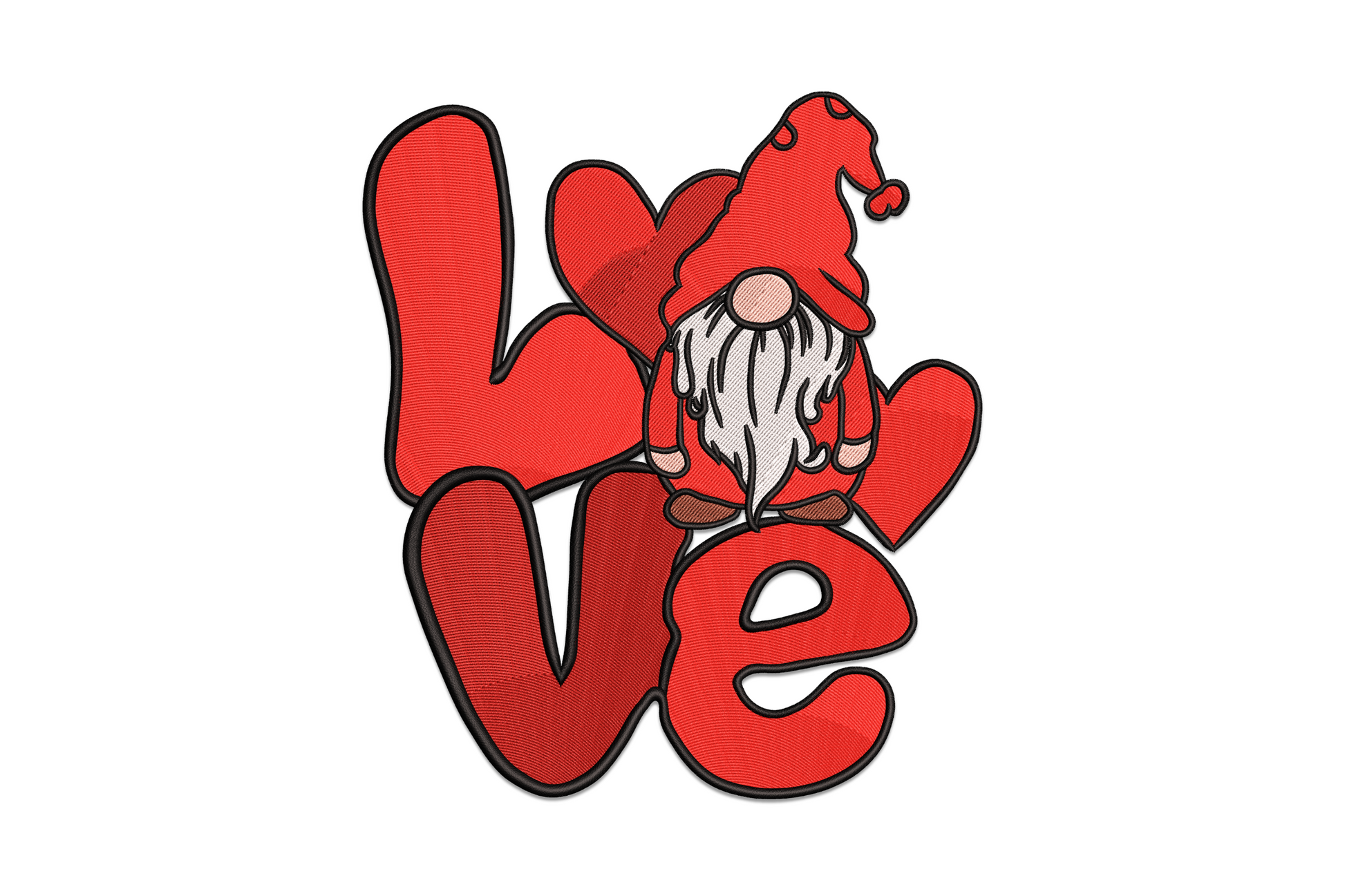 Love gnome valentine embroidery design, 6 colour stout gnome with tall heart-decorated hat and full white beard