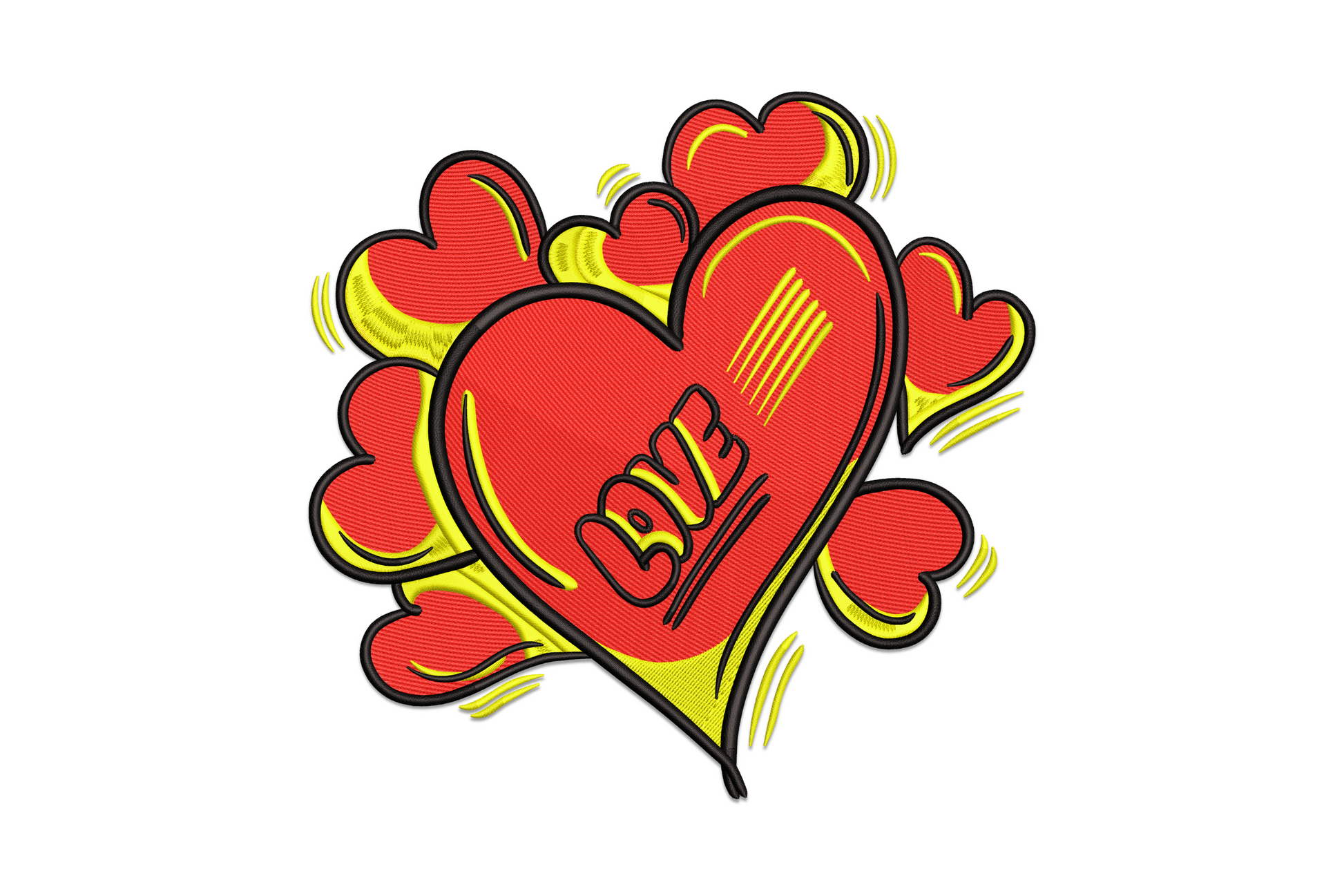 Love heart burst embroidery design, coral-red fill, yellow starburst corona and pop-art black outline