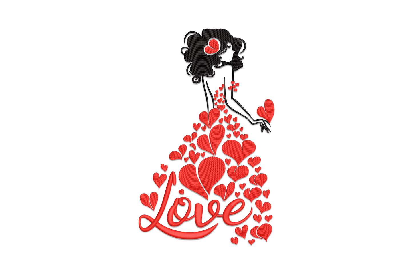 Love heart dress woman embroidery design, black silhouette with red heart gown and cursive Love script at hem.