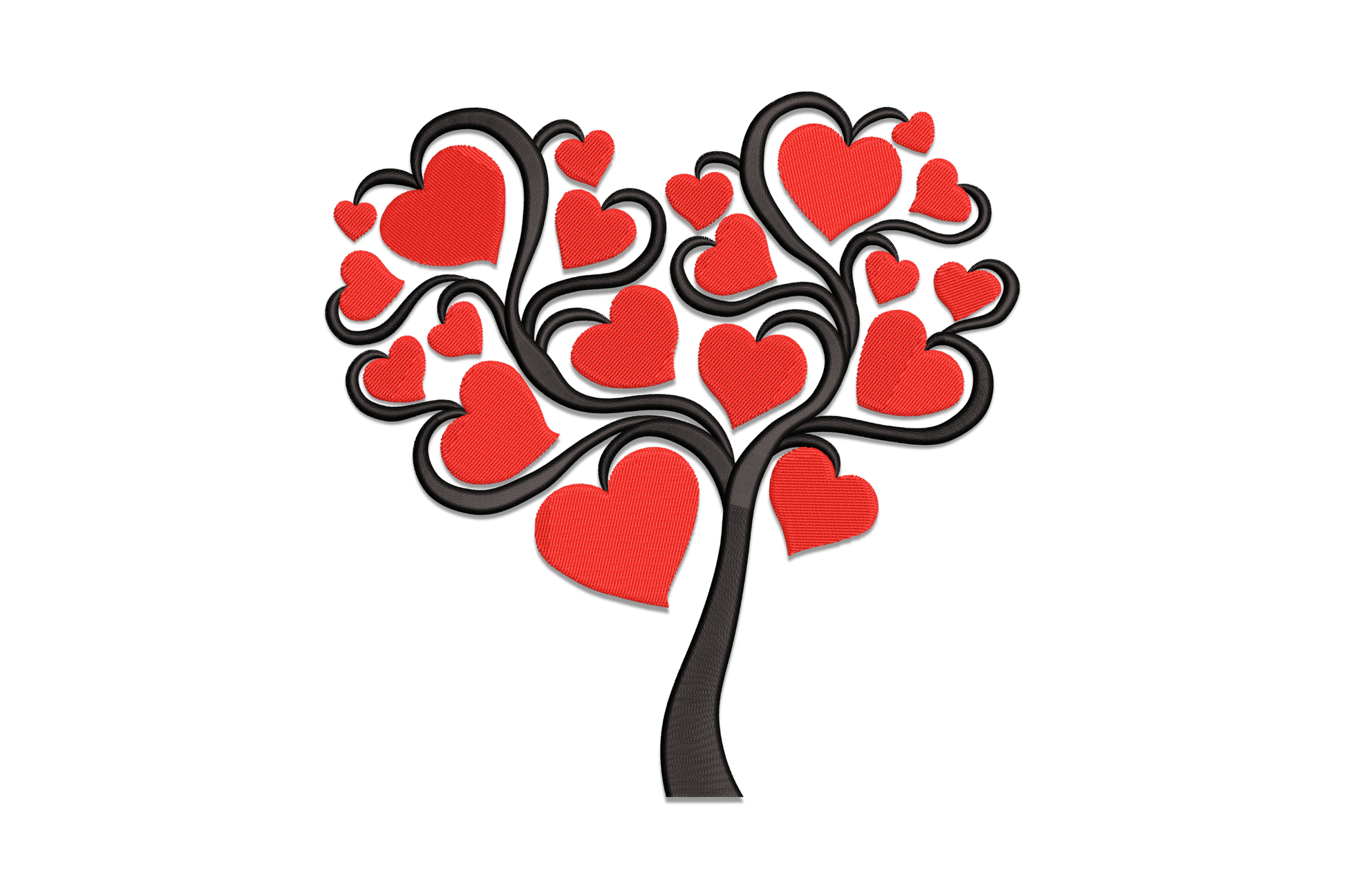 Love heart tree embroidery design with curling black branches and red heart leaves, 5 sizes up to 7.51 inches.