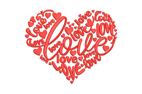 Heart-shaped embroidery typography design filled with the word love in various scripts and letter sizes, all in red