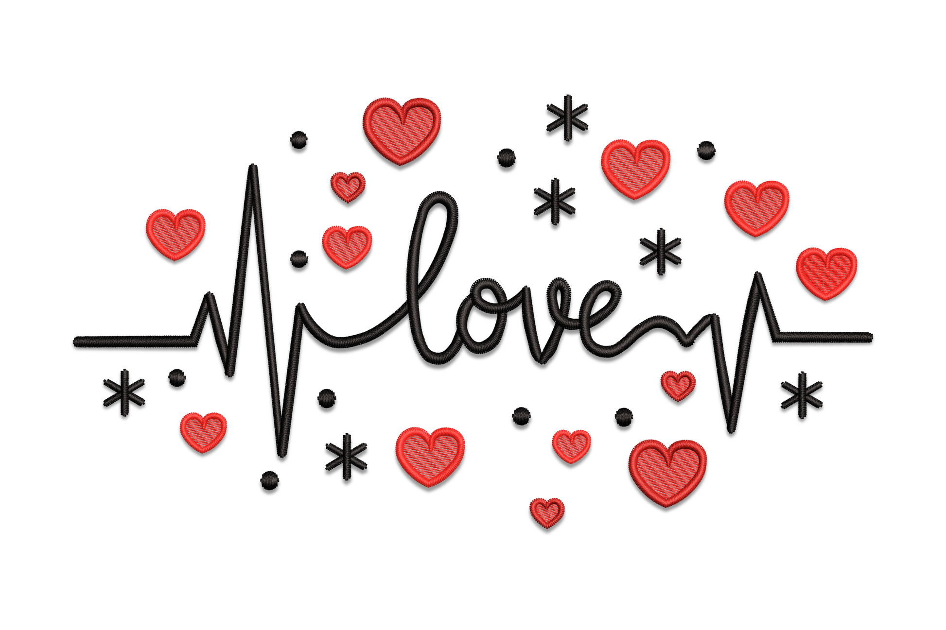 Love heartbeat EKG line embroidery with heart peak, 3 colours, 5 sizes from 1.91 to 4.08 inches wide and 3.5 to 7.5 inches tall