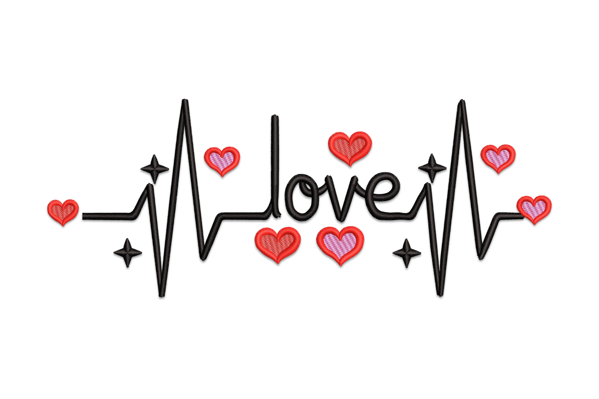 EKG heartbeat line embroidery with 'love' script at centre, red and pink hearts scattered along the line and four-point spark accents in black pink and red