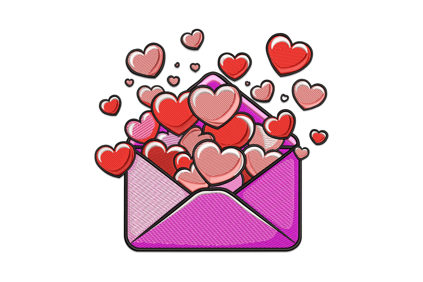 Valentine embroidery design showing a bright purple envelope overflowing with red and pink hearts of varying sizes floating upward