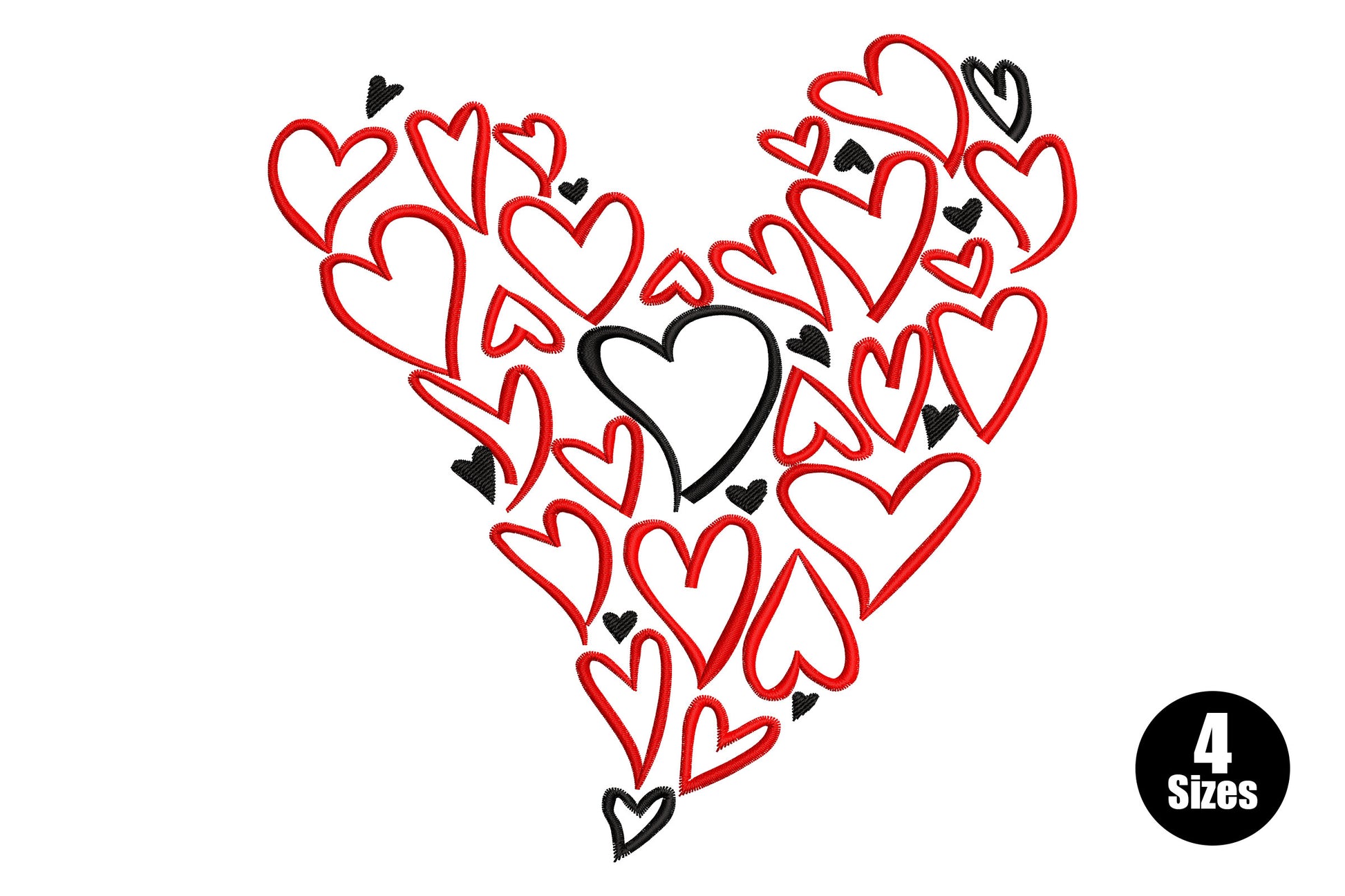 Love word embroidery design in chunky red block letters with small black heart outlines scattered around the lettering.