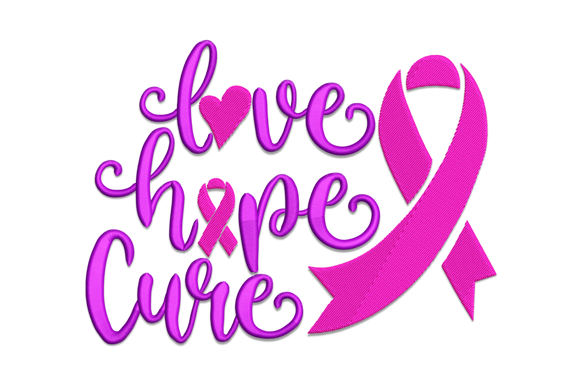 Love Hope Cure awareness ribbon embroidery design with purple cursive stacked lettering and large pink ribbon, featuring heart and ribbon hidden inside letter forms