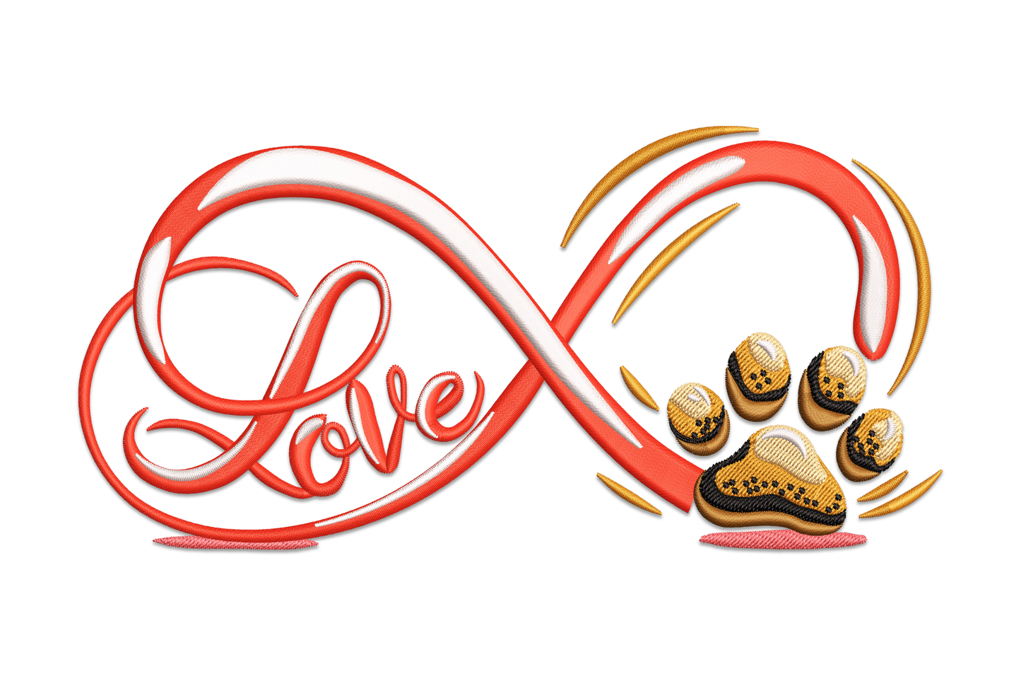 Love infinity paw print embroidery design, rainbow multi-colour infinity symbol with paw prints and love text, wide horizontal format, 7 colours