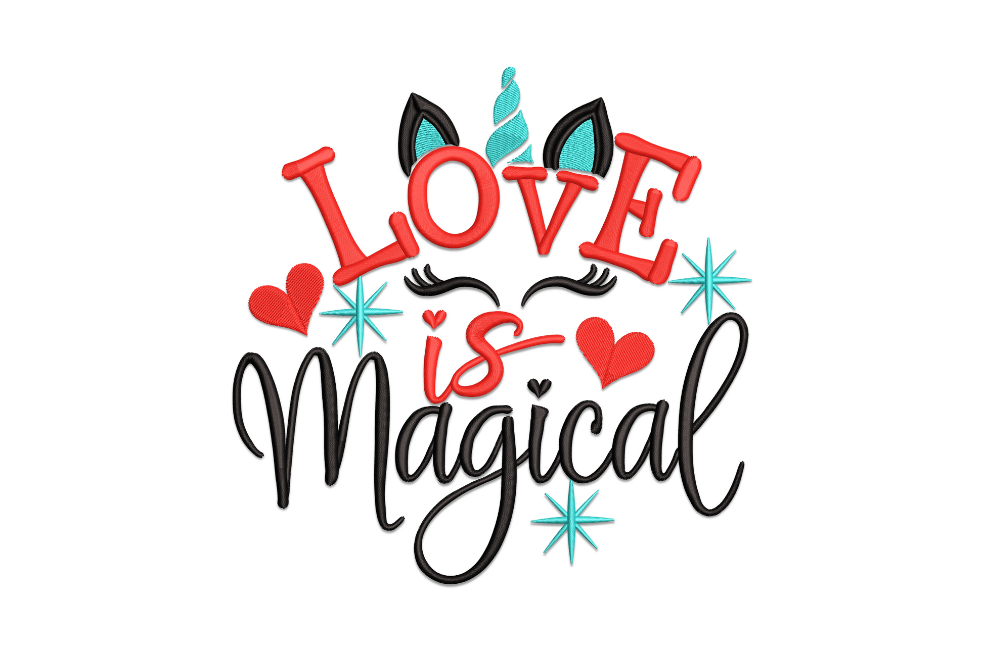 Love Is Magical unicorn embroidery design with bold LOVE text, cursive script, and peeking unicorn face in red, black and aqua.