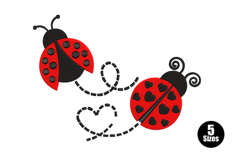 Two ladybugs embroidery, left has round spots, right has heart-shaped spots, dashed flight path loops into a heart below.