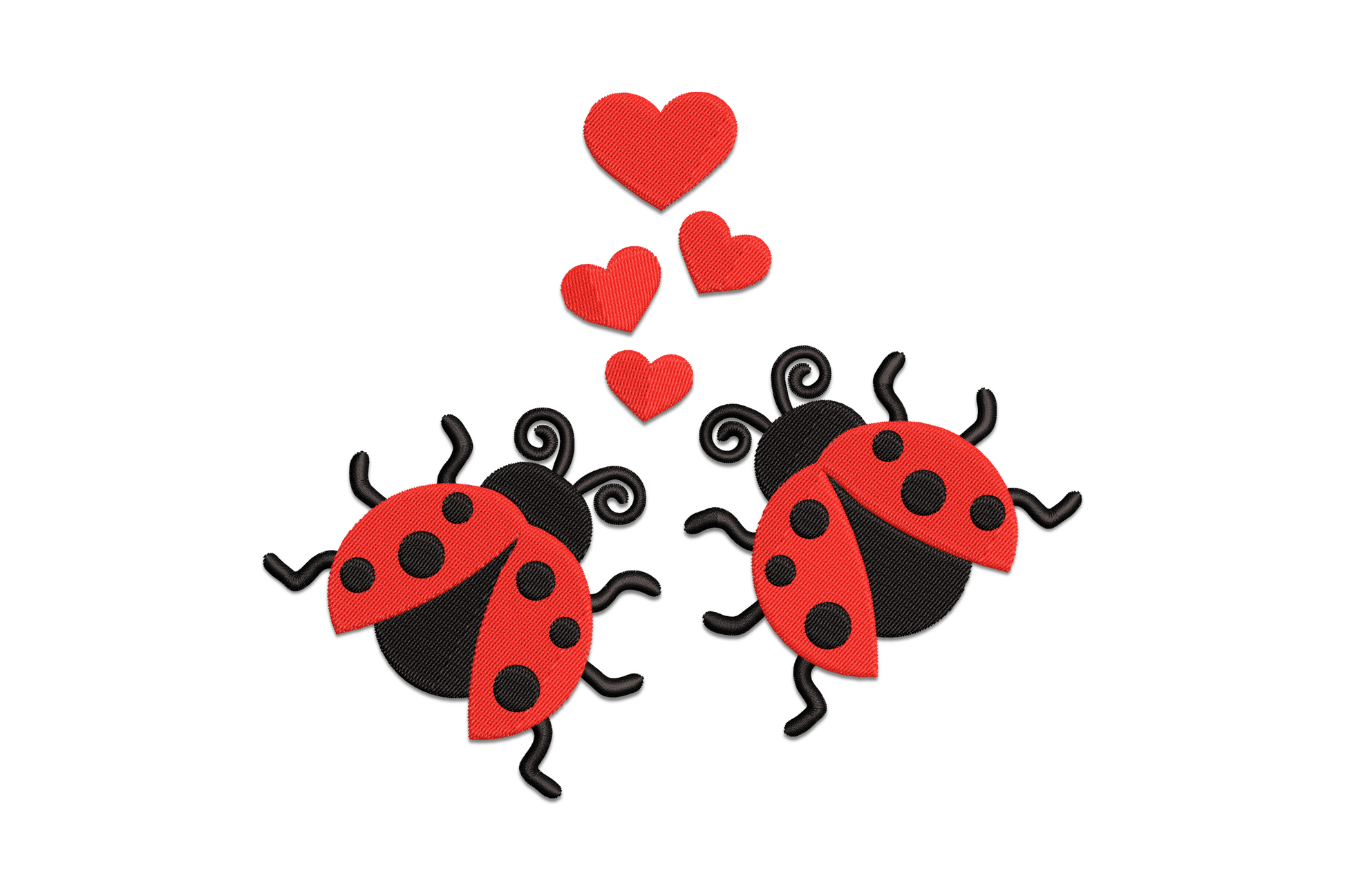 Two cute red ladybugs facing each other with a small heart between them, cartoon valentine embroidery design with black spots and antenna details