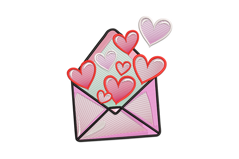 Love letter envelope embroidery with open flap overflowing with red and pink sketch hearts, mint lining, hot pink panels and black outlines.