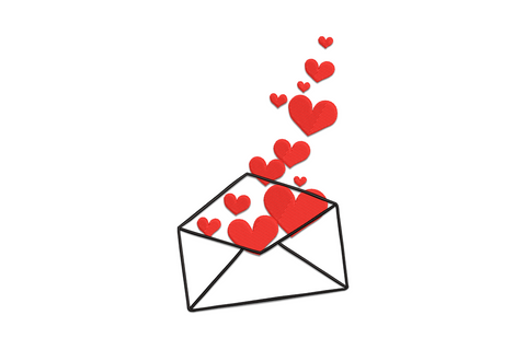 Machine embroidery design of a classic love letter envelope with heart seal and floating hearts in 2 colours, romantic Valentine envelope design in 5 sizes from 3.5 to 7.5 inches wide