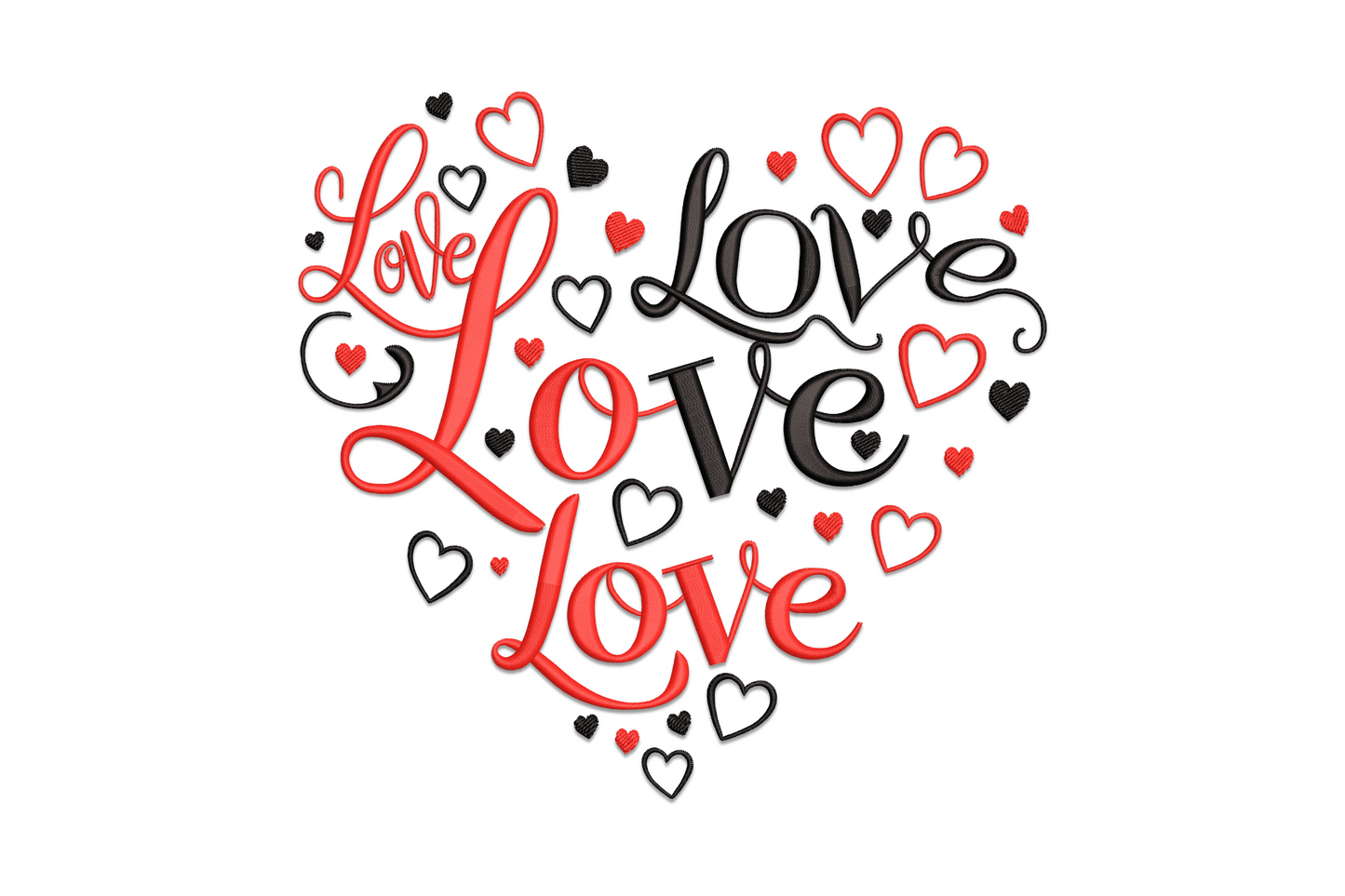 Love Love Love heart embroidery design with stacked red script and black calligraphy forming a heart shape