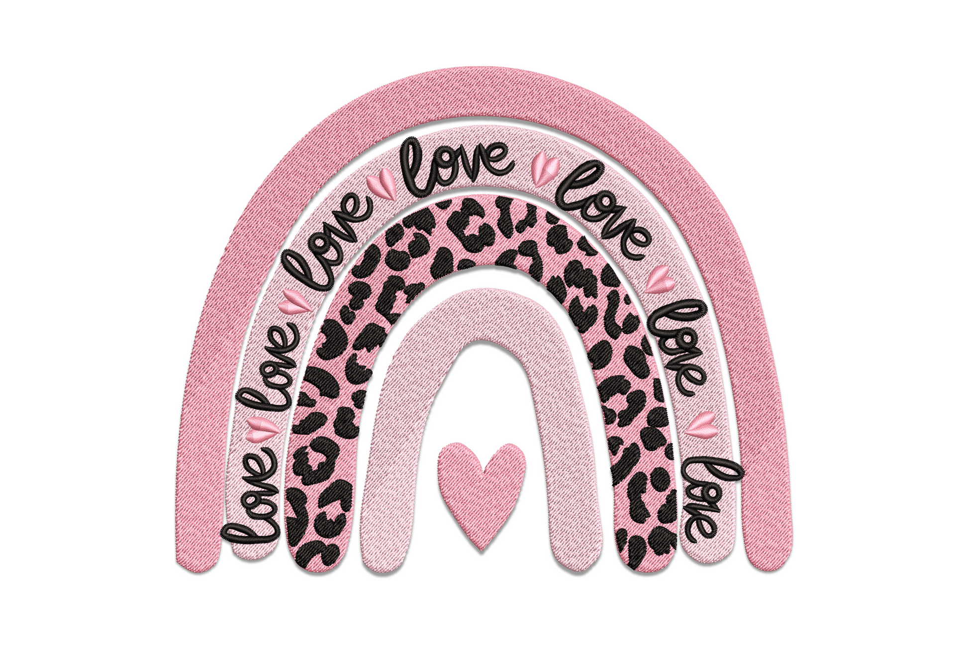 Valentine boho rainbow embroidery with dusty rose, leopard-print and blush arcs, love script and a small pink heart.