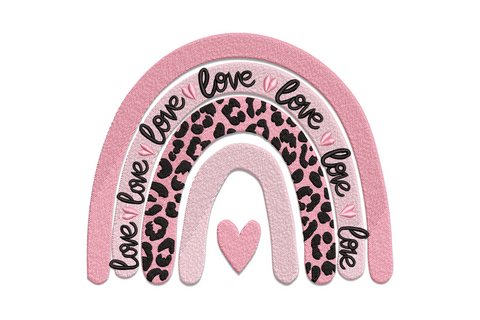 Valentine boho rainbow embroidery with dusty rose, leopard-print and blush arcs, love script and a small pink heart.