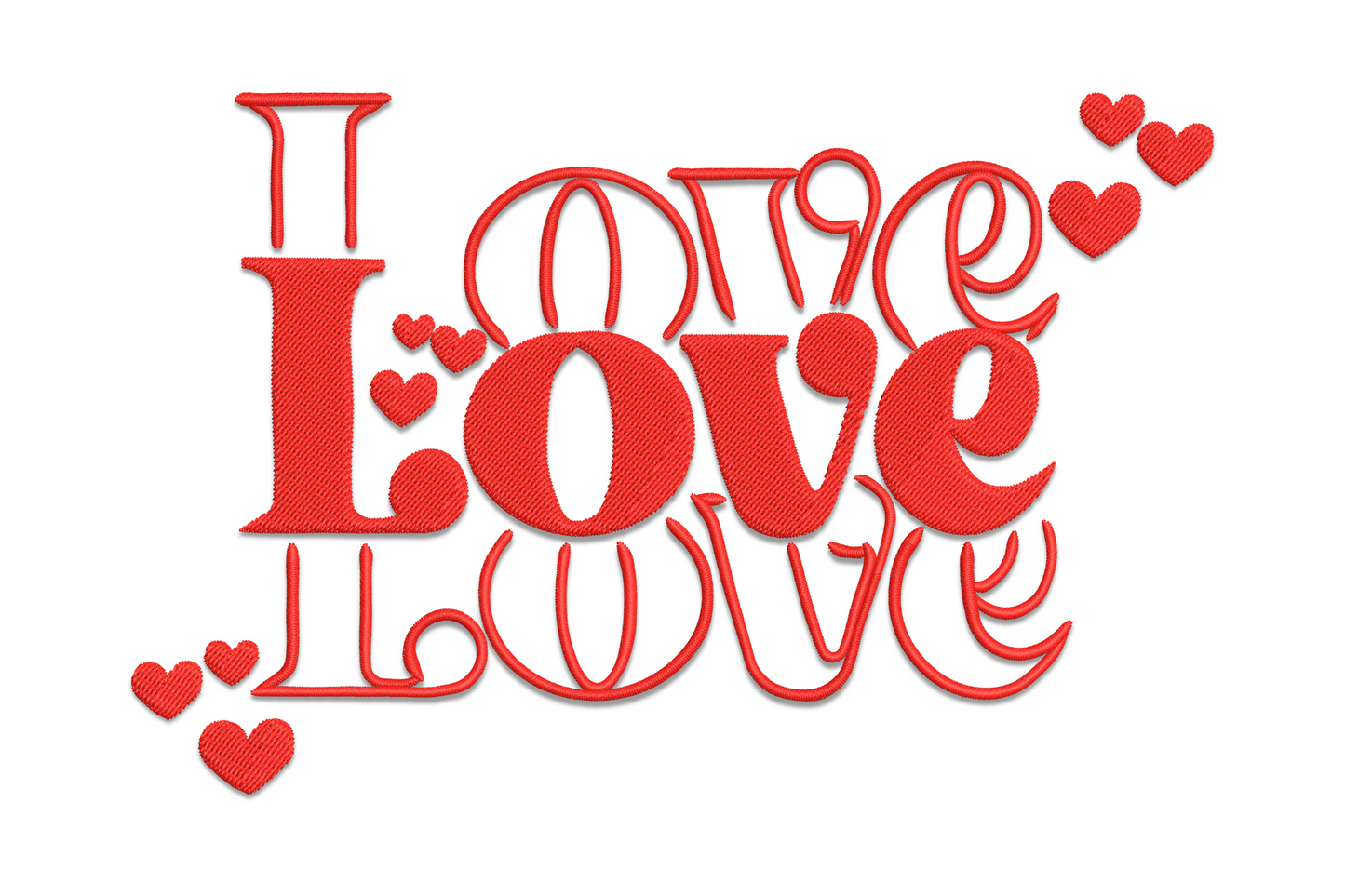 Bold stacked LOVE typography embroidery on white fabric, chunky block letters in red thread, valentine design 5 sizes