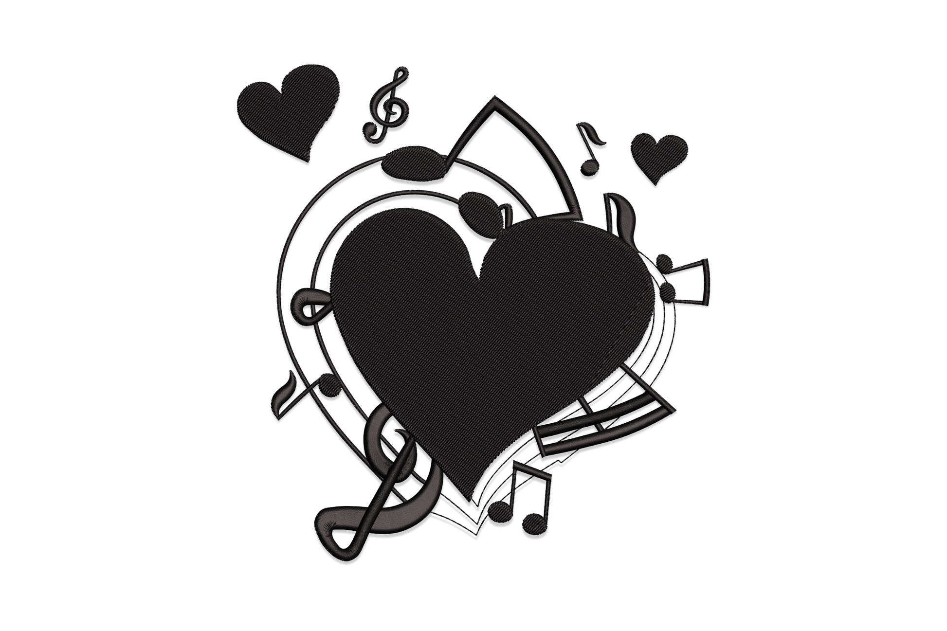 Love music notes machine embroidery design, script word art with musical notes and quavers, single colour, 4 sizes from 4.01 to 7.01 inches