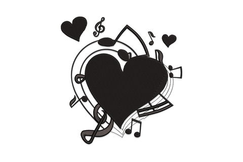 Love music notes machine embroidery design, script word art with musical notes and quavers, single colour, 4 sizes from 4.01 to 7.01 inches