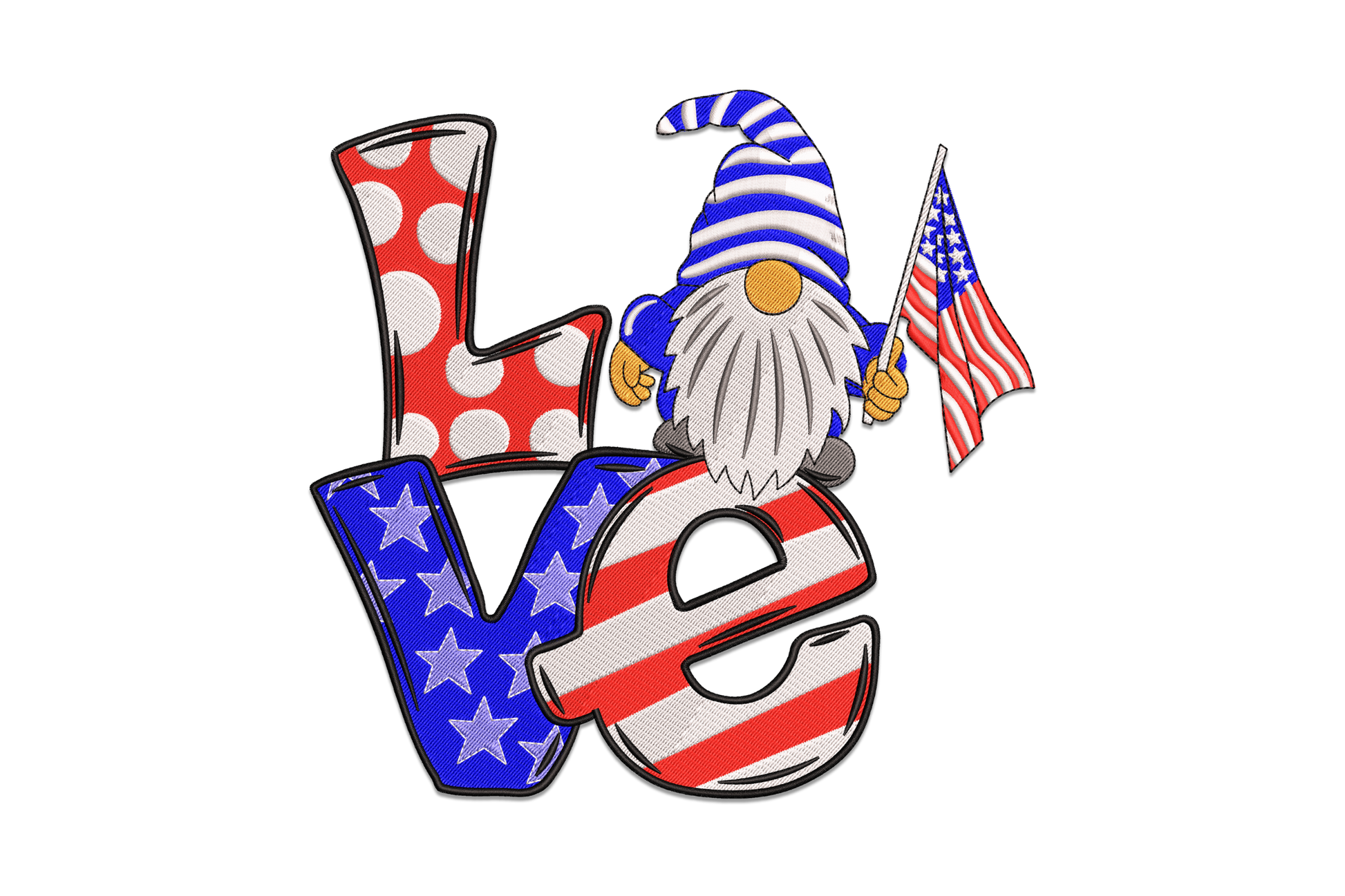 Patriotic gnome embroidery design, pointy striped hat with stars, long beard and red heart accent, red white and navy blue.