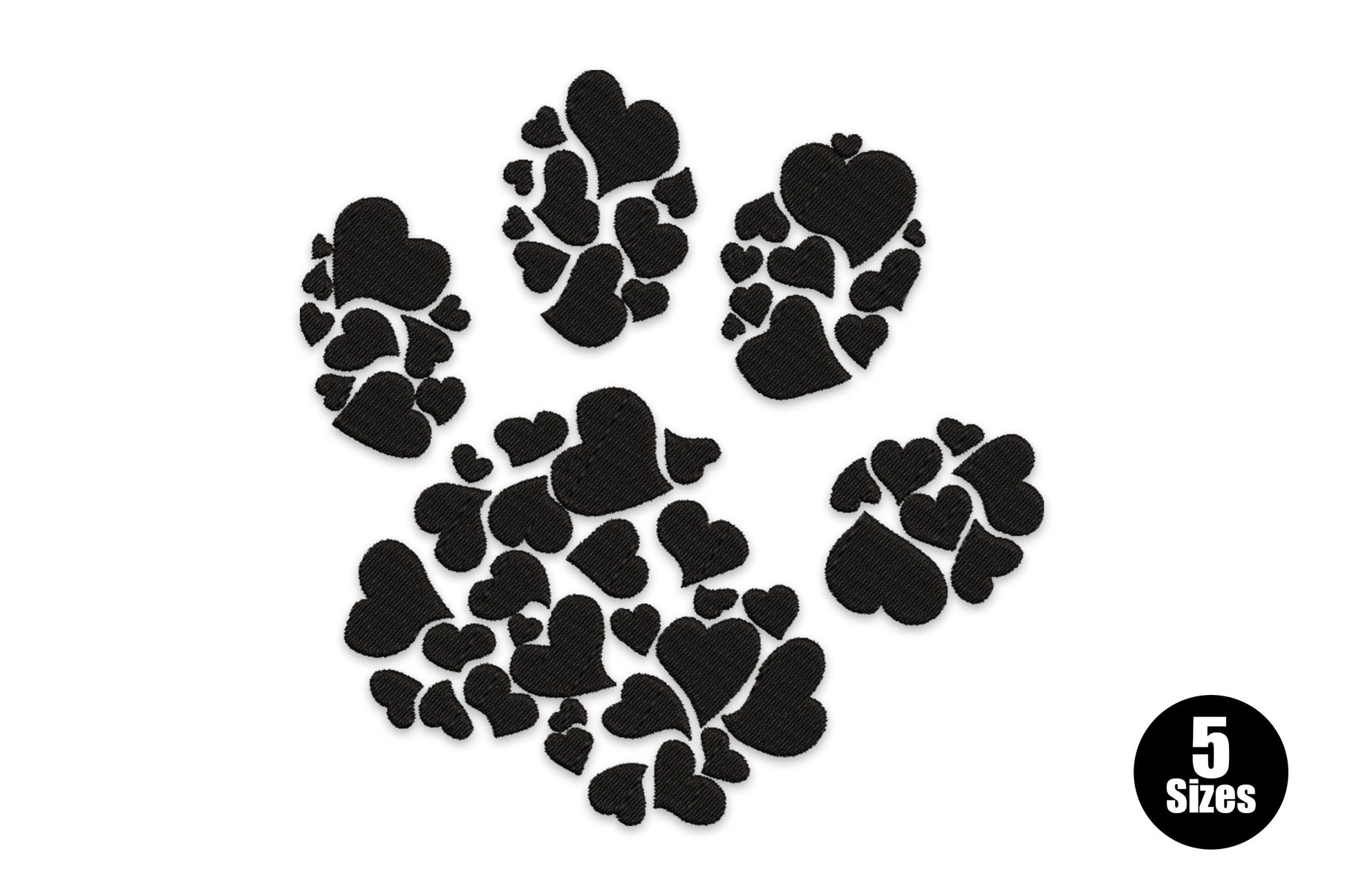 Paw print embroidery design made entirely from heart shapes, outlined in black with no fill, on white background.