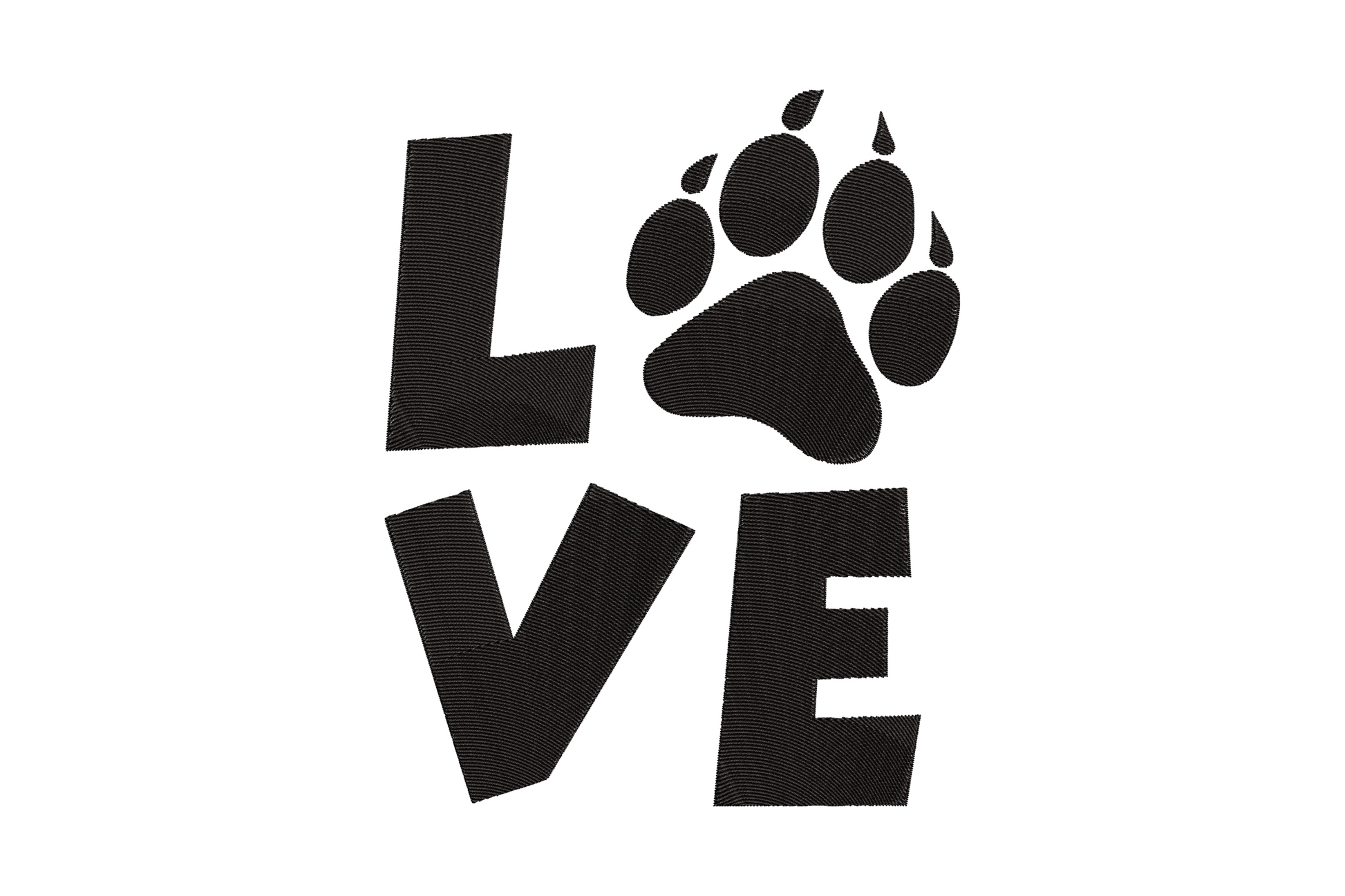 Love paw print embroidery, single colour lettering where O is a paw pad with toe beans, 2.82 to 6.03 inch sizes