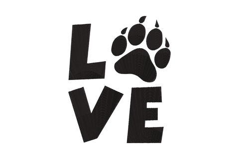 Love paw print embroidery, single colour lettering where O is a paw pad with toe beans, 2.82 to 6.03 inch sizes