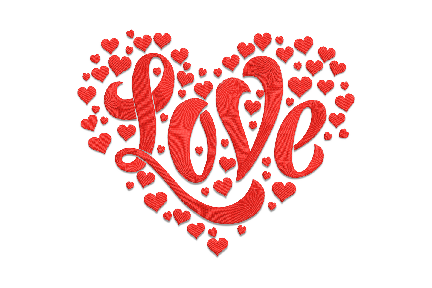 Love script heart embroidery design with cursive lettering and heart accent in single colour satin fill, 5 sizes 2.87 to 6.13 inches wide