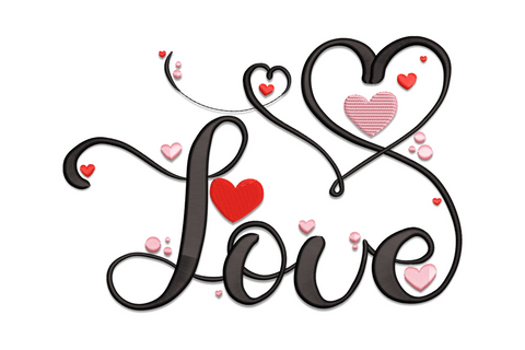 Love script cursive embroidery with sketchy red heart replacing the letter O, black and blush, 3 colours, 5 sizes up to 5.2 inches wide and 7.5 inches tall.