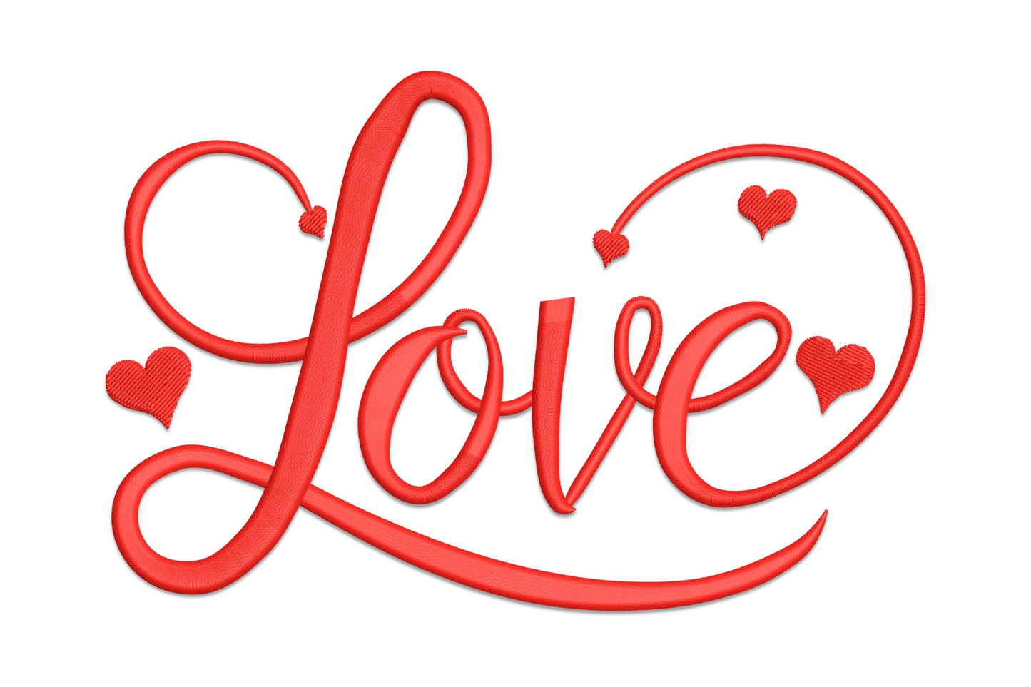 Red Love calligraphy embroidery with long swirl tails and small scatter hearts in a wide horizontal layout