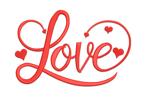 Red Love calligraphy embroidery with long swirl tails and small scatter hearts in a wide horizontal layout