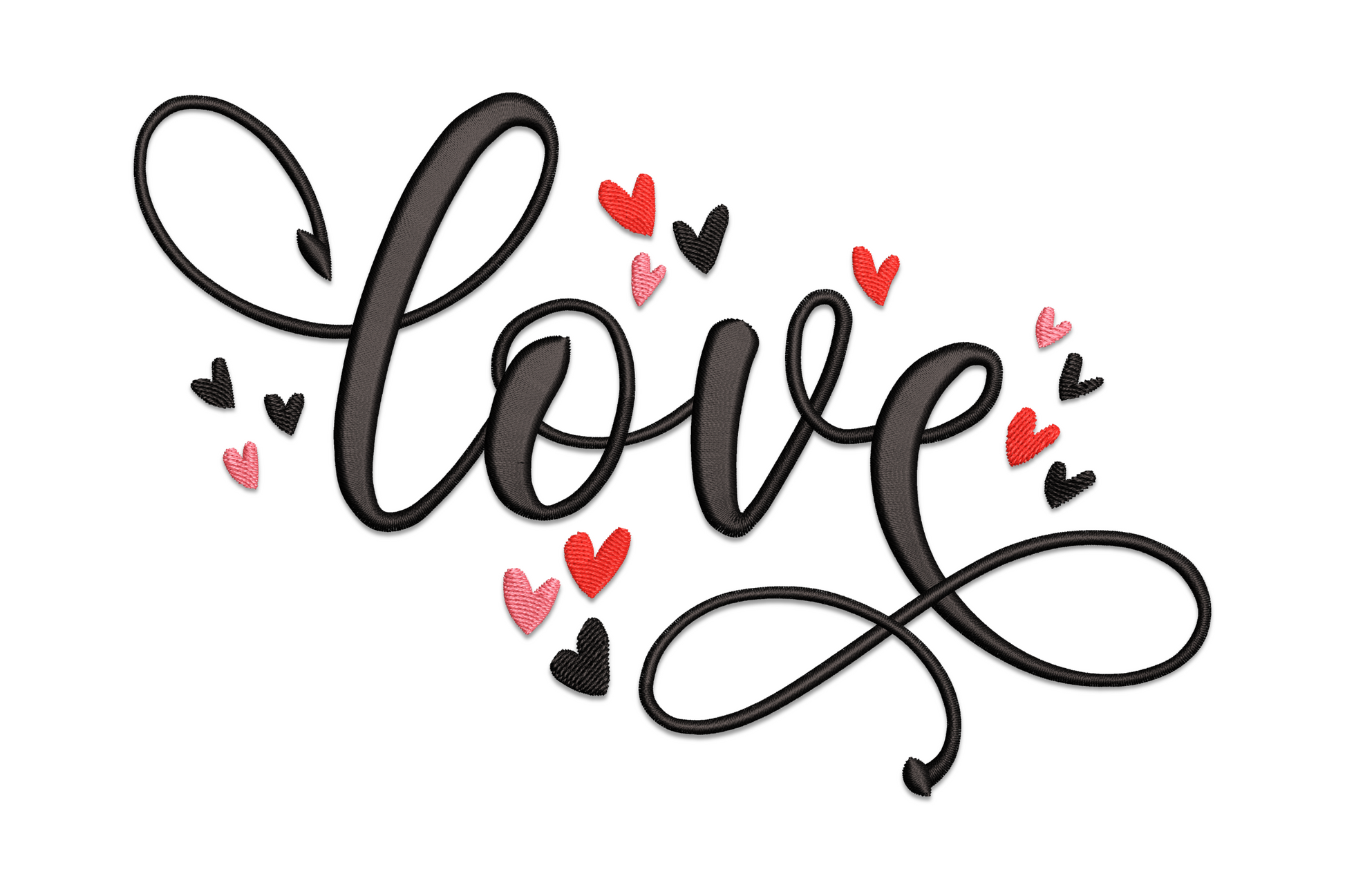Machine embroidery design of the word love in flowing calligraphy with small scattered red and dark hearts around it on white background