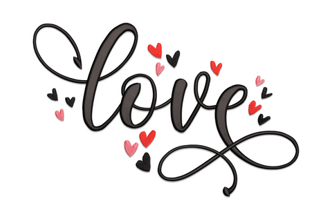 Machine embroidery design of the word love in flowing calligraphy with small scattered red and dark hearts around it on white background