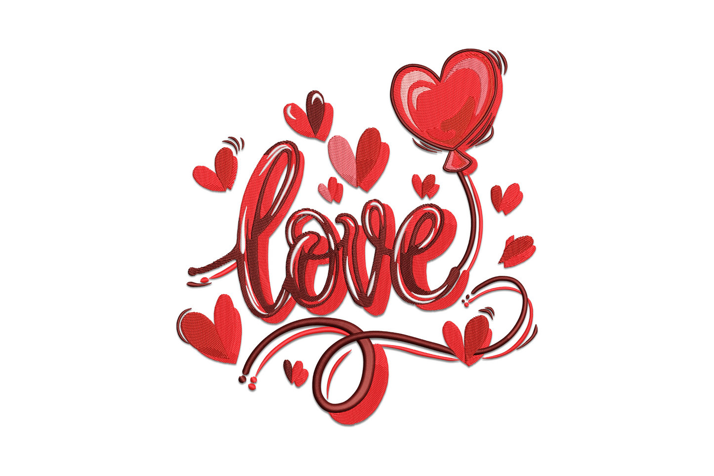 Machine embroidery design of cursive Love script with a heart-shaped balloon floating above on a string in 7 colors, whimsical valentine design